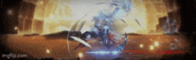 a person is fighting a monster in a video game with a sword and shield .