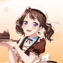 a girl with purple eyes is holding a piece of cake in her hand