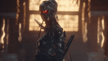 a ninja with red eyes is holding a sword in a dark room