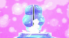 a cartoon character is standing on a pedestal with a pink background