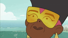 a cartoon character wearing a hat and sunglasses looks at the camera