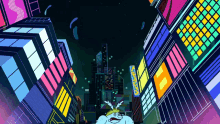 a cartoon drawing of a city at night with a sign that says ' tokyo ' on it