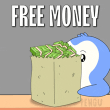 a cartoon of a penguin holding a bag of money with the words free money written above it