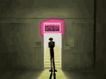 a man is standing in front of a door with a neon sign that says c'est la vie
