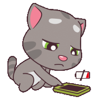 a cartoon cat is sitting next to a cell phone that has a battery that is empty
