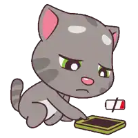 a cartoon cat is sitting next to a cell phone that has a battery that is empty
