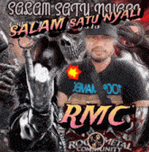 a poster for rmc rock metal community shows a man giving the middle finger