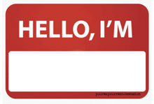 a red and white hello i 'm sexually frustrated name tag
