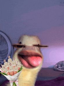 a duck is sticking its tongue out and holding a bouquet of flowers
