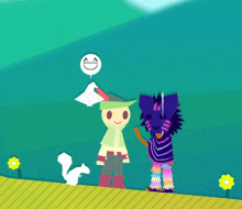 two cartoon characters are standing next to each other with a speech bubble above their heads