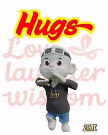 a cartoon character with the words hugs love laughter and wisdom behind him