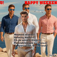 a group of men standing next to each other on a beach with the words happy weeken above them