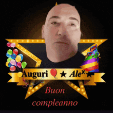 a man is surrounded by balloons and a banner that says auguri ale buon compleanno