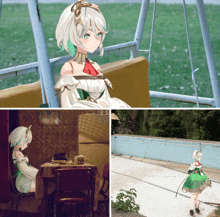 a girl in a white dress is sitting on a chair