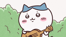 a cartoon cat with a blue headband is holding a guitar and smiling