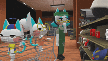 a cartoon character in a store with a sign that says clandes on it
