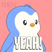 a blue and white penguin with the word yeah on it