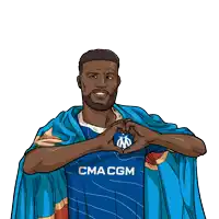 a man wearing a blue shirt that says cma cgm making a heart shape with his hands