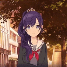 a girl with purple hair and blue eyes is wearing a sailor uniform