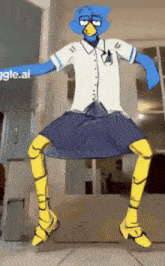 a blue bird is wearing a white shirt and a blue skirt and yellow socks .
