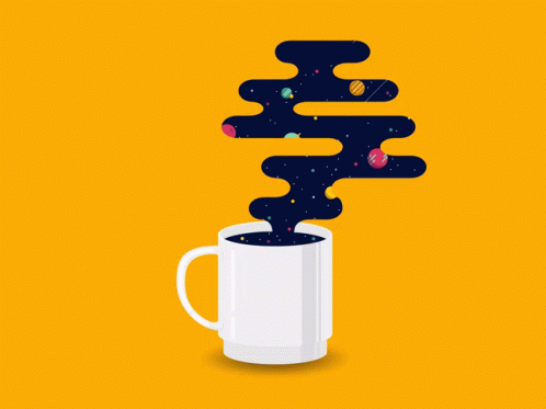 a coffee cup with hot black liquid in it making black steam which has the galaxy in the steam with planets stars and shooting stars against a orange background