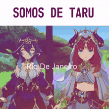 two anime girls are standing next to each other with the words somos de taru rio de janeiro on the bottom