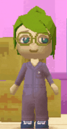 a cartoon character with green hair and glasses is wearing a jumpsuit