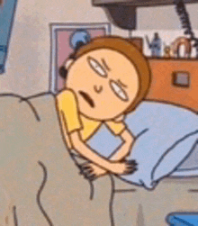 a cartoon character is laying in a bed with his eyes closed .