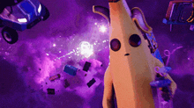 a banana is standing in the middle of a purple space .
