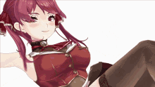 a red haired anime girl is laying down with her legs crossed