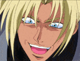a cartoon character with blonde hair and blue eyes is smiling with his mouth wide open