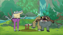 a cartoon of a crocodile standing next to a bird