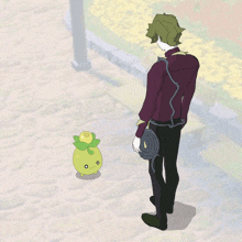 a cartoon of a man standing next to a small green plant with a yellow center