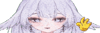 a close up of a girl 's face with a yellow hand behind it