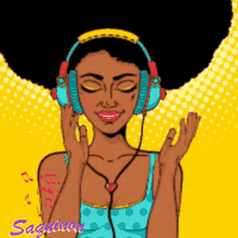 a cartoon illustration of a woman wearing headphones with the word sagittarius at the bottom