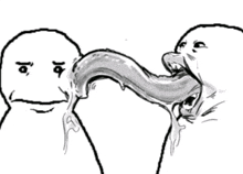 a black and white drawing of a person with a long tongue sticking out of their mouth