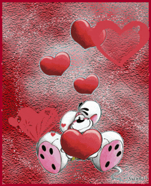 a cartoon drawing of a teddy bear holding a heart with hearts surrounding it