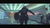 a man in a superhero costume stands in a hallway