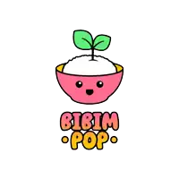 a logo for bibim pop shows a bowl of rice with a green plant growing out of it