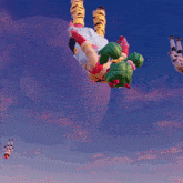 a cartoon character is flying through the air with a blue sky in the background