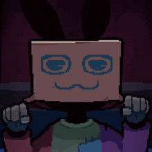 a pixel art drawing of a bunny with a box on its head