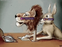 a drawing of a lion and a rabbit with the lion having a server booster sticker on its head