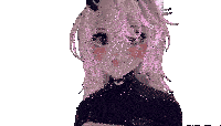 a girl with pink hair and horns is wearing a black turtleneck and a black shirt .