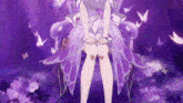 a girl in a purple dress is standing in front of a purple background with butterflies .