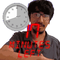 a man with glasses and a clock behind him with the words minutes left