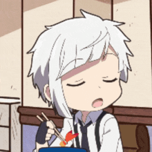 a cartoon character with white hair and a tie is eating food with chopsticks