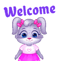 a cartoon bunny says welcome with a pink bow on her ear