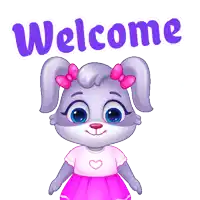 a cartoon bunny says welcome with a pink bow on her ear
