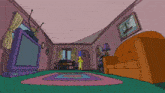 a cartoon of a living room with a couch and a tv