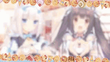 a couple of anime girls standing next to each other with a border of cookies .
